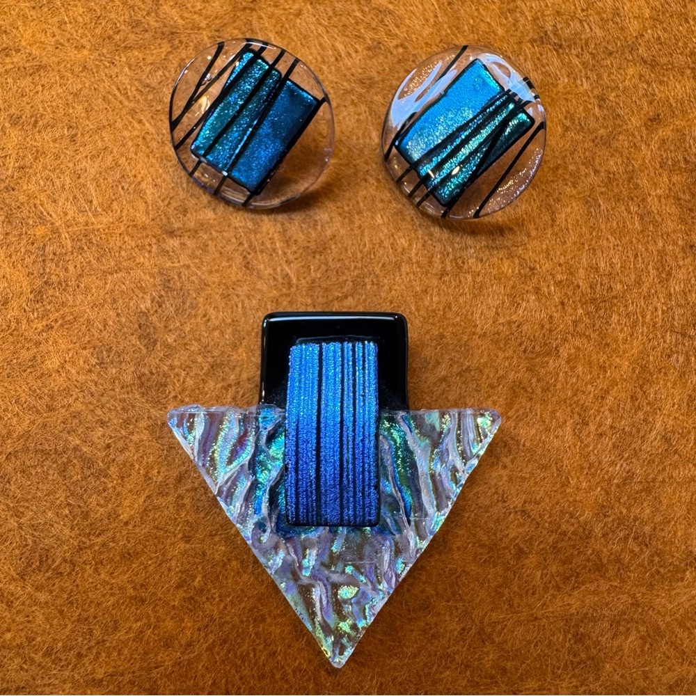 Iridescent Dichroic Glass Brooch and Earring Set with Blue and Black Accents - Picture 4 of 9